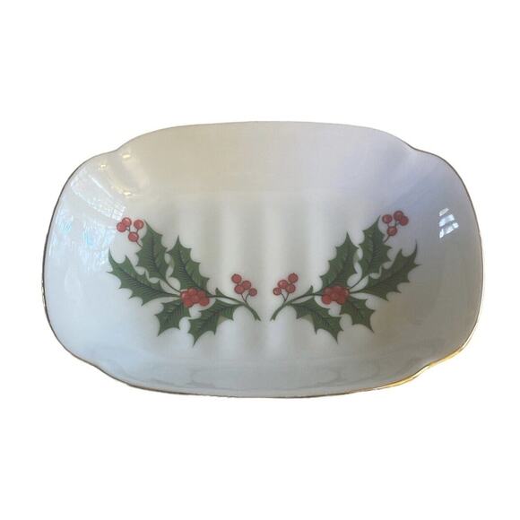 Japanese 4 7/8" Soap Trinket Dish Ceramic Gold Edge Holly Berries Green Leaves - Picture 14 of 14